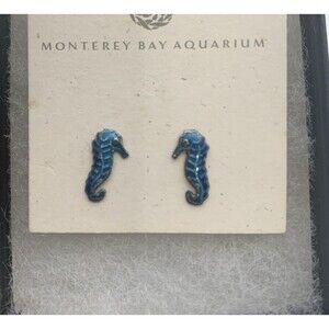 Vintage New Old Stock Monterey Bay Aquarium Blue Seahorse Earrings (J227)
